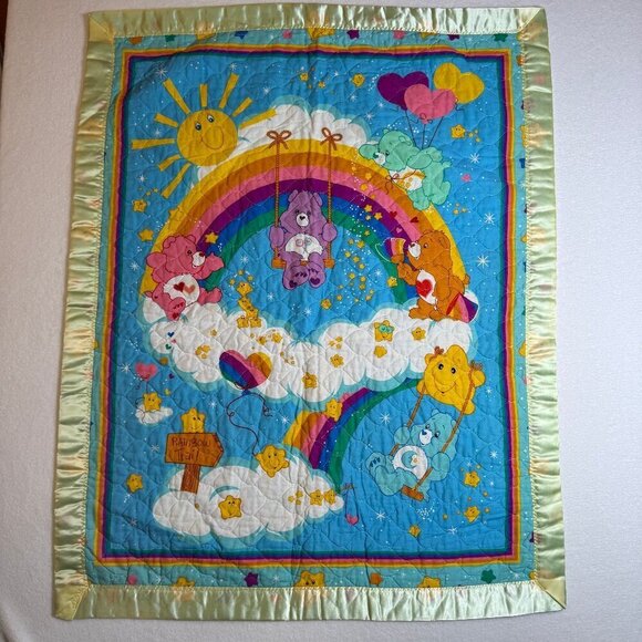 VTG Handmade Care Bears Baby Blanket Quilt Mat Newborn Infant Flannel 32”x 41” - Picture 2 of 5